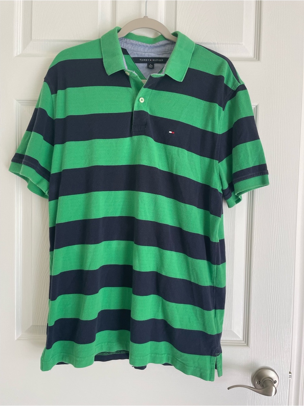 Tommy Hilfiger Men's Rugby Stripe Polo Shirt Green & Navy Preppy Workwear XL
